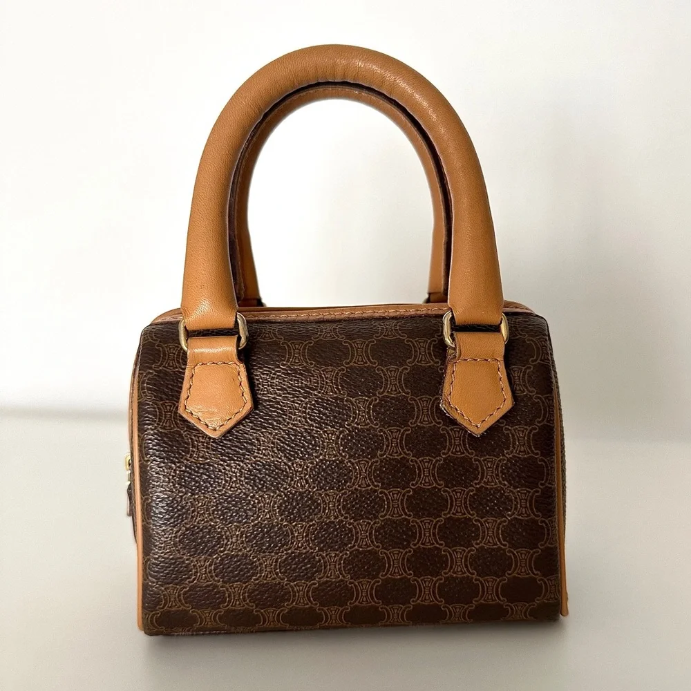✨CELINE Vintage Macadam Triomphe Canvas Leather Micro Mini Boston Handbag Brown - Picture 3 of 17